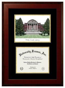University of Louisville Double Opening with Campus Image (Unimprinted Mat) Frame in Honors Mahogany with Black & Gold Mats for document: 8 1/2"h x 11"w  