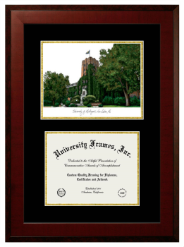 University of Michigan Medical School Double Opening with Campus Image (Unimprinted Mat) Frame in Honors Mahogany with Black & Gold Mats for document: 8 1/2"h x 11"w  