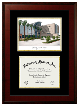 University of Nevada Las Vegas Double Opening with Campus Image (Unimprinted Mat) Frame in Honors Mahogany with Black & Gold Mats for document: 8 1/2"h x 11"w  