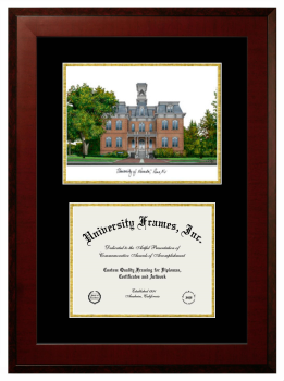 University of Nevada Reno Double Opening with Campus Image (Unimprinted Mat) Frame in Honors Mahogany with Black & Gold Mats for document: 8 1/2"h x 11"w  