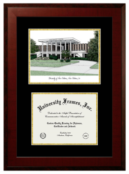 University of New Orleans Double Opening with Campus Image (Unimprinted Mat) Frame in Honors Mahogany with Black & Gold Mats for document: 8 1/2"h x 11"w  