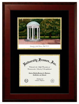 University of North Carolina at Chapel Hill Double Opening with Campus Image (Unimprinted Mat) Frame in Honors Mahogany with Black & Gold Mats for document: 8 1/2"h x 11"w  