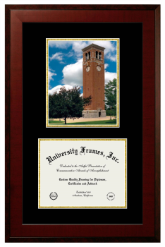 University of Northern Iowa Double Opening with Campus Image (Unimprinted Mat) Frame in Honors Mahogany with Black & Gold Mats for document: 8 1/2"h x 11"w  
