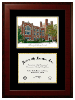 University of Oklahoma Double Opening with Campus Image (Unimprinted Mat) Frame in Honors Mahogany with Black & Gold Mats for document: 8 1/2"h x 11"w  