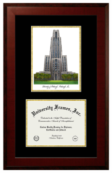University of Pittsburgh - Johnstown Double Opening with Campus Image (Unimprinted Mat) Frame in Honors Mahogany with Black & Gold Mats for document: 8 1/2"h x 11"w  