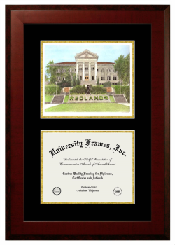 University of Redlands Double Opening with Campus Image (Unimprinted Mat) Frame in Honors Mahogany with Black & Gold Mats for document: 8 1/2"h x 11"w  