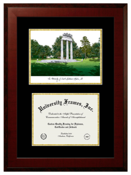 University of South Alabama Double Opening with Campus Image (Unimprinted Mat) Frame in Honors Mahogany with Black & Gold Mats for document: 8 1/2"h x 11"w  