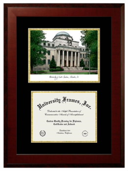 University of South Carolina Double Opening with Campus Image (Unimprinted Mat) Frame in Honors Mahogany with Black & Gold Mats for document: 8 1/2"h x 11"w  