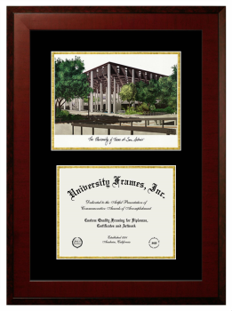 University of Texas at San Antonio Double Opening with Campus Image (Unimprinted Mat) Frame in Honors Mahogany with Black & Gold Mats for document: 8 1/2"h x 11"w  