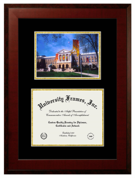 University of Wisconsin (Madison) Double Opening with Campus Image (Unimprinted Mat) Frame in Honors Mahogany with Black & Gold Mats for document: 8 1/2"h x 11"w  