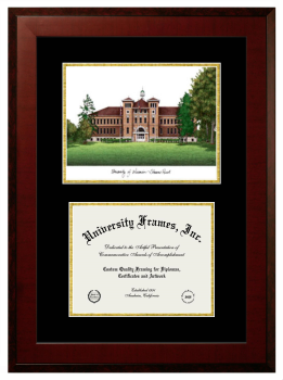 University of Wisconsin - Stevens Point Double Opening with Campus Image (Unimprinted Mat) Frame in Honors Mahogany with Black & Gold Mats for document: 8 1/2"h x 11"w  