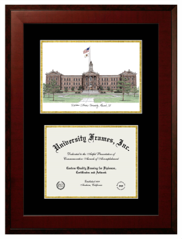 Western Illinois University Double Opening with Campus Image (Unimprinted Mat) Frame in Honors Mahogany with Black & Gold Mats for document: 8 1/2"h x 11"w  