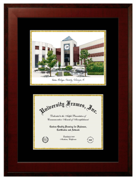 Western Michigan University Double Opening with Campus Image (Unimprinted Mat) Frame in Honors Mahogany with Black & Gold Mats for document: 8 1/2"h x 11"w  