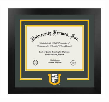 University of San Francisco School of Law Logo Mat Frame in Manhattan Black with Forest Green & Amber Mats for document: 8 1/2"h x 11"w  