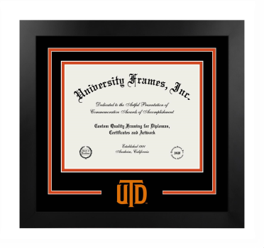 University of Texas at Dallas Logo Mat Frame in Manhattan Black with Black & Orange Mats for document: 8 1/2"h x 11"w  