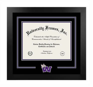 Waldorf University Logo Mat Frame in Manhattan Black with Black & Purple Mats for document: 8 1/2"h x 11"w  