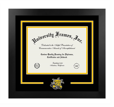 Wichita State University College of Engineering Logo Mat Frame in Manhattan Black with Black & Amber Mats for document: 8 1/2"h x 11"w  