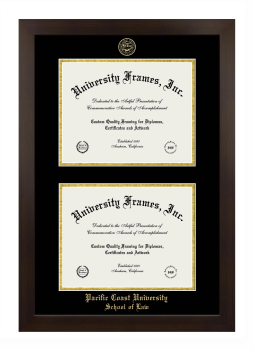 Pacific Coast University School of Law Double Diploma Frame in Manhattan Espresso with Black & Gold Mats for document: 8 1/2"h x 11"w  , document: 8 1/2"h x 11"w  