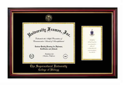 The Supernatural University College of Ufology Diploma with Announcement Frame in Petite Mahogany with Gold Trim with Black & Gold Mats for document: 8 1/2"h x 11"w  , diploma: 7"h x 4"w  