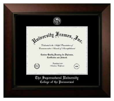 The Supernatural University College of the Paranormal Diploma Frame in Legacy Black Cherry with Black & Silver Mats for document: 8 1/2"h x 11"w  