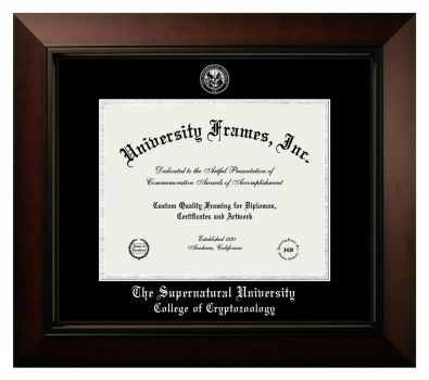 The Supernatural University College of Cryptozoology Diploma Frame in Legacy Black Cherry with Black & Silver Mats for document: 8 1/2"h x 11"w  