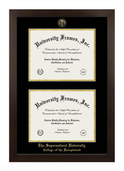 The Supernatural University College of the Unexplained Double Diploma Frame in Manhattan Espresso with Black & Gold Mats for document: 8 1/2"h x 11"w  , document: 8 1/2"h x 11"w  