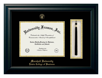 Marshall University Lewis College of Business Diploma with Tassel Box Frame in Satin Black with Black & Gold Mats for document: 8 1/2"h x 11"w  