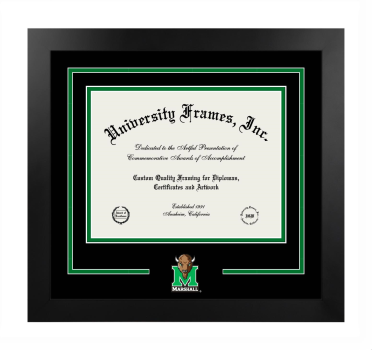 Marshall University Lewis College of Business Logo Mat Frame in Manhattan Black with Black & Kelly Green Mats for document: 8 1/2"h x 11"w  