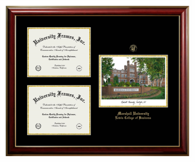 Marshall University Lewis College of Business Triple Opening with Campus Image Frame in Classic Mahogany with Gold Trim with Black & Gold Mats for document: 8 1/2"h x 11"w  , document: 8 1/2"h x 11"w  