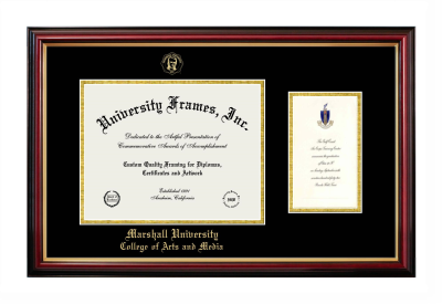 Marshall University College of Arts and Media Diploma with Announcement Frame in Petite Mahogany with Gold Trim with Black & Gold Mats for document: 8 1/2"h x 11"w  , diploma: 7"h x 4"w  