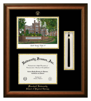 Marshall University School of Physical Therapy Double Opening with Campus Image & Tassel Box (Stacked) Frame in Satin Walnut with Black & Gold Mats for document: 8 1/2"h x 11"w  