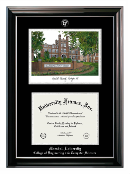 Marshall University College of Engineering and Computer Sciences Double Opening with Campus Image (Stacked) Frame in Classic Ebony with Silver Trim with Black & Silver Mats for document: 8 1/2"h x 11"w  