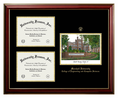 Marshall University College of Engineering and Computer Sciences Triple Opening with Campus Image Frame in Classic Mahogany with Gold Trim with Black & Gold Mats for document: 8 1/2"h x 11"w  , document: 8 1/2"h x 11"w  