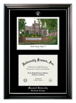 Marshall University Graduate College Double Opening with Campus Image (Stacked) Frame in Classic Ebony with Silver Trim with Black & Silver Mats for document: 8 1/2"h x 11"w  