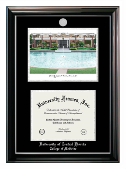 University of Central Florida College of Medicine Double Opening with Campus Image (Stacked) Frame in Classic Ebony with Silver Trim with Black & Silver Mats for document: 8 1/2"h x 11"w  