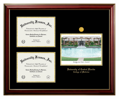 University of Central Florida College of Medicine Triple Opening with Campus Image Frame in Classic Mahogany with Gold Trim with Black & Gold Mats for document: 8 1/2"h x 11"w  , document: 8 1/2"h x 11"w  