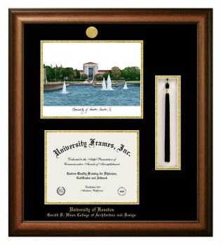 University of Houston Gerald D. Hines College of Architecture and Design Double Opening with Campus Image & Tassel Box (Stacked) Frame in Satin Walnut with Black & Gold Mats for document: 8 1/2"h x 11"w  