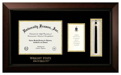 Wright State University Diploma with Announcement & Tassel Box Frame in Legacy Black Cherry with Black & Gold Mats for document: 8 1/2"h x 11"w  , diploma: 7"h x 4"w  