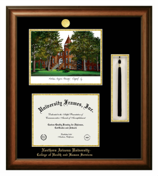Northern Arizona University College of Health and Human Services Double Opening with Campus Image & Tassel Box (Stacked) Frame in Satin Walnut with Black & Gold Mats for document: 8 1/2"h x 11"w  