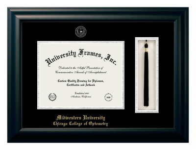 Midwestern University Chicago College of Optometry (Downers Grove, IL) Diploma with Tassel Box Frame in Satin Black with Black & Silver Mats for document: 8 1/2"h x 11"w  