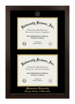 Midwestern University Chicago College of Optometry (Downers Grove, IL) Double Diploma Frame in Manhattan Espresso with Black & Gold Mats for document: 8 1/2"h x 11"w  , document: 8 1/2"h x 11"w  