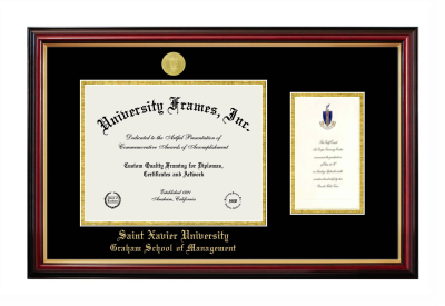 Saint Xavier University Graham School of Management Diploma with Announcement Frame in Petite Mahogany with Gold Trim with Black & Gold Mats for document: 8 1/2"h x 11"w  , diploma: 7"h x 4"w  
