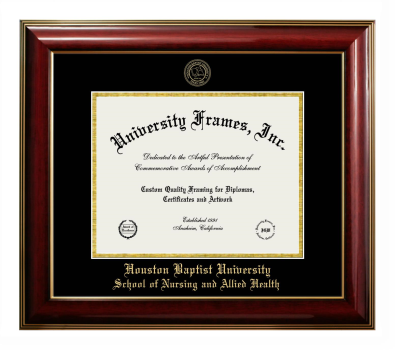 Houston Baptist University School of Nursing and Allied Health Diploma Frame in Classic Mahogany with Gold Trim with Black & Gold Mats for document: 8 1/2"h x 11"w  