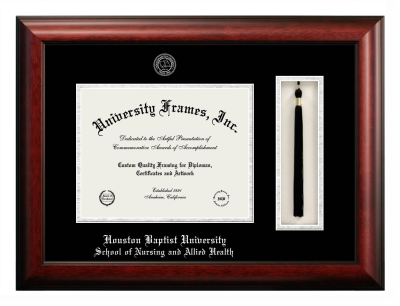 Houston Baptist University School of Nursing and Allied Health Diploma with Tassel Box Frame in Satin Mahogany with Black & Silver Mats for document: 8 1/2"h x 11"w  
