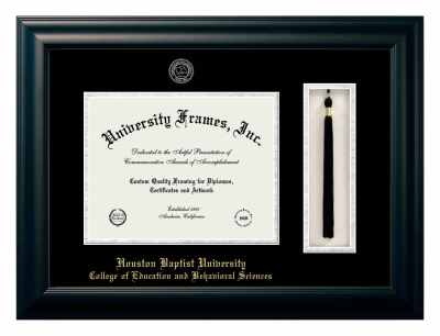 Houston Baptist University College of Education and Behavioral Sciences Diploma with Tassel Box Frame in Satin Black with Black & Silver Mats for document: 8 1/2"h x 11"w  
