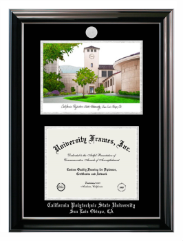 California Polytechnic State University - San Luis Obispo Double Opening with Campus Image (Stacked) Frame in Classic Ebony with Silver Trim with Black & Silver Mats for document: 8 1/2"h x 11"w  