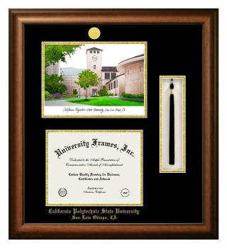 California Polytechnic State University - San Luis Obispo Double Opening with Campus Image & Tassel Box (Stacked) Frame in Satin Walnut with Black & Gold Mats for document: 8 1/2"h x 11"w  
