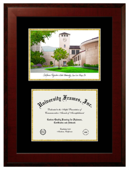 California Polytechnic State University - San Luis Obispo Double Opening with Campus Image (Unimprinted Mat) Frame in Honors Mahogany with Black & Gold Mats for document: 8 1/2"h x 11"w  
