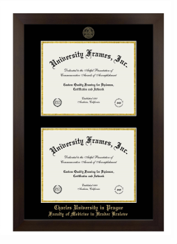 Charles University in Prague Faculty of Medicine in Hradec Kralove Double Diploma Frame in Manhattan Espresso with Black & Gold Mats for document: 8 1/2"h x 11"w  , document: 8 1/2"h x 11"w  