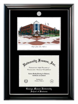 George Mason University School of Business Double Opening with Campus Image (Stacked) Frame in Classic Ebony with Silver Trim with Black & Silver Mats for document: 8 1/2"h x 11"w  